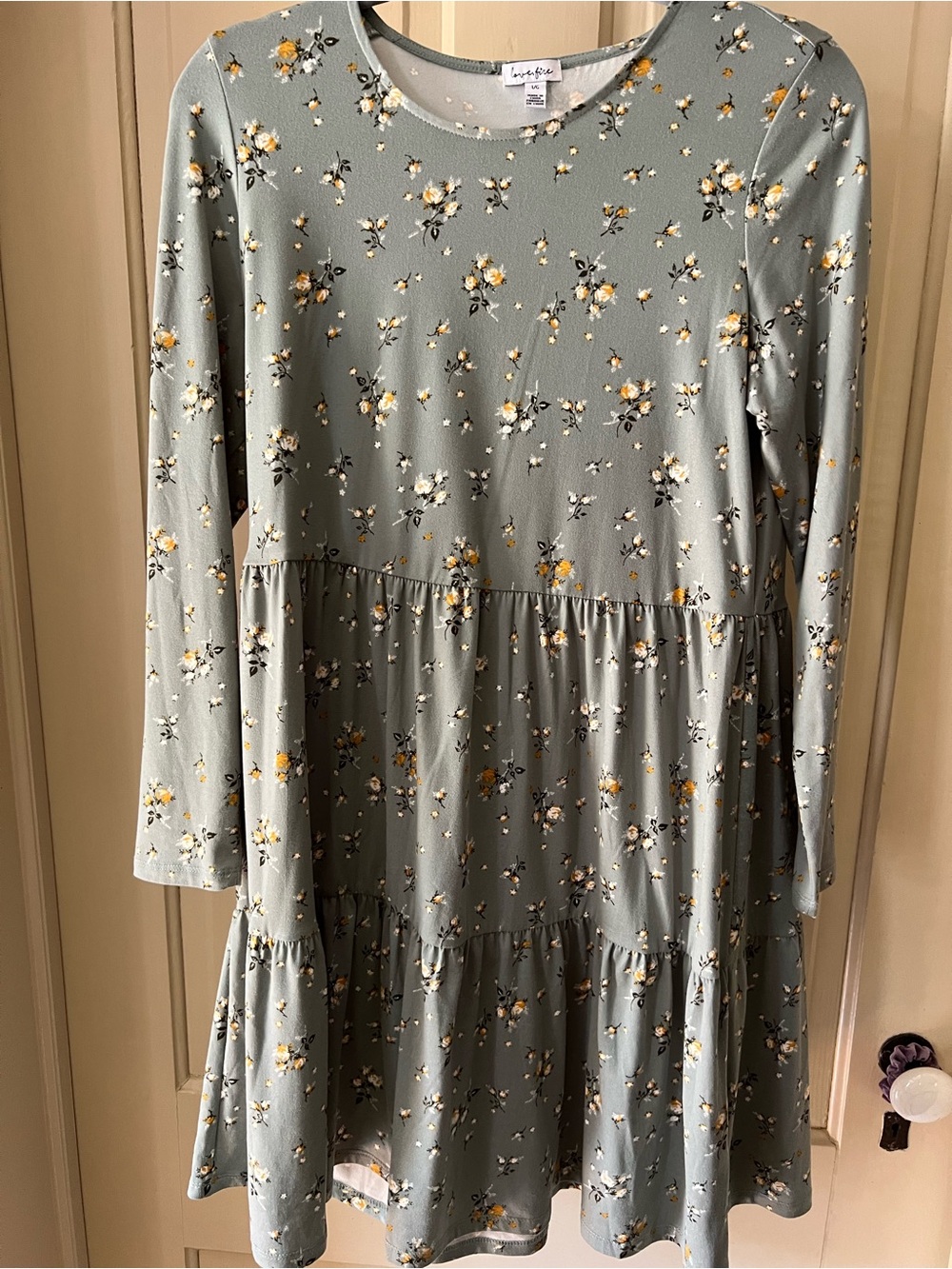 love, Fire Sage Green Floral Tiered Long-Sleeve Dress